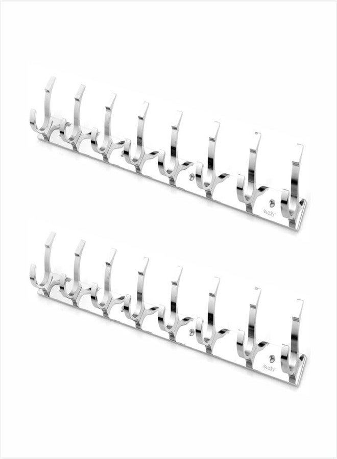 GLOXY Stainless Steel Bathroom Accessories 8 Hooks Plate, Wall Mount Door Back Hanger Pins for Hanging Cloth Set, Shirt Bar & Towel Rack, Robe, Keys 8 Pin khutti (Silver, Pack of 2) - Image 1